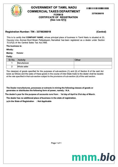 Świadectwo rejestracji w Indiach, Tamil Nadu, w formacie Word i PDF, Wersja 2